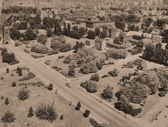 Widok z wieży kościoła pw. św. Mikołaja na Stare Miasto. Fotografowi udało się uwiecznić środek komunikacji sprzed epoki upowszechnienia się samochodów: wóz konny.