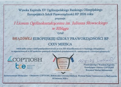 I LO z tytułem Brązowej Europejskiej Szkoły Praworządności RP 2026  i kolejnymi sukcesami uczniów